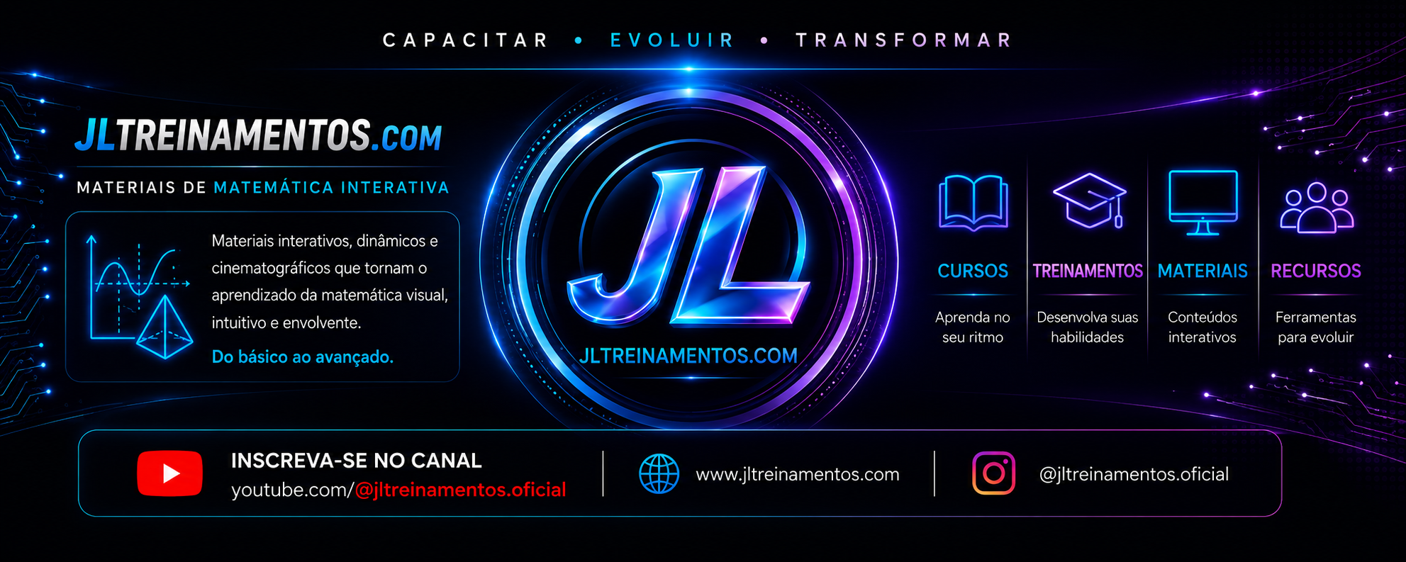 Banner oficial JL Treinamentos com materiais de matemática interativa, canal no YouTube e Instagram
